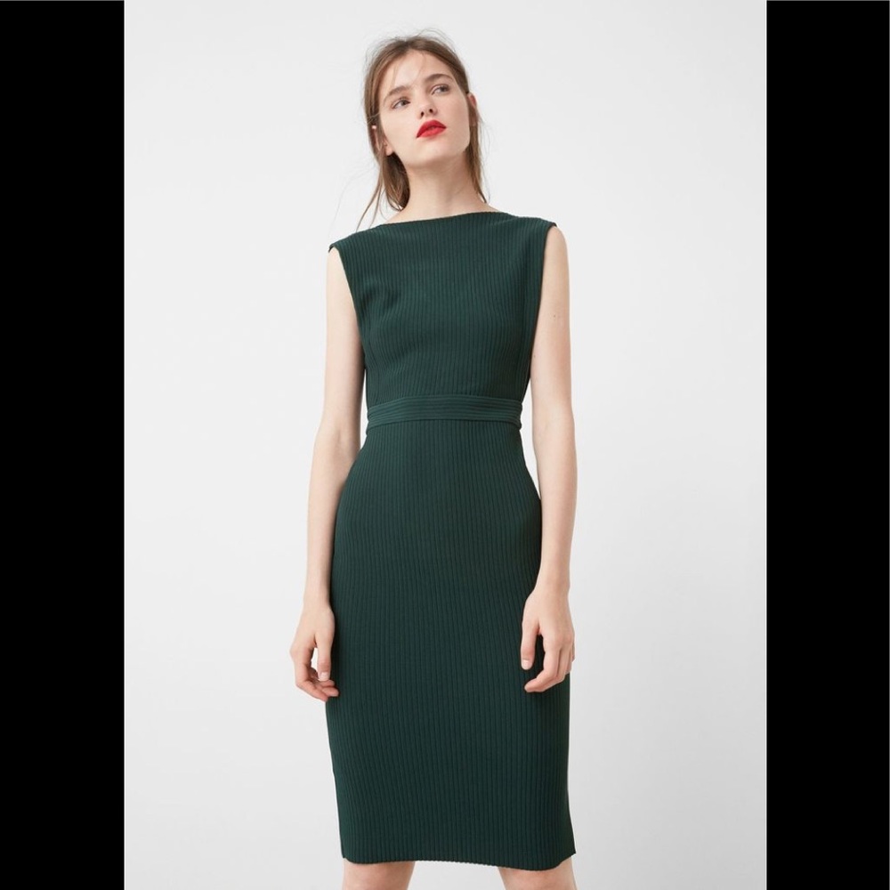 Mango Dark Green Ribbed Midi Dress